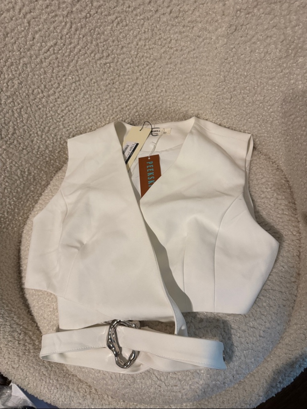White Cropped Wrap Vest with Decorative Belt